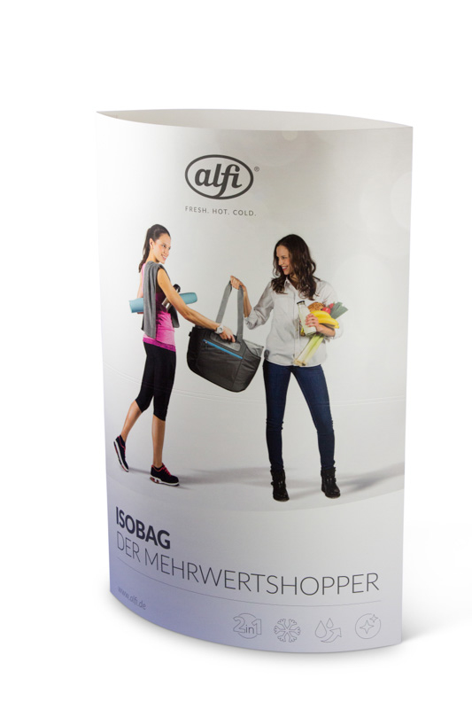 Bodensteller POS Display Ellipse bedruckt mit Shoppingmotiv aus Wellpapp Karton